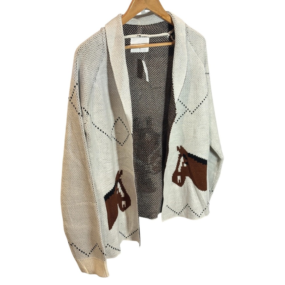 Panache Apparel Horse Knit Cardigan Sweater Cream Brown XL Shawl Collar Western - Picture 2 of 10